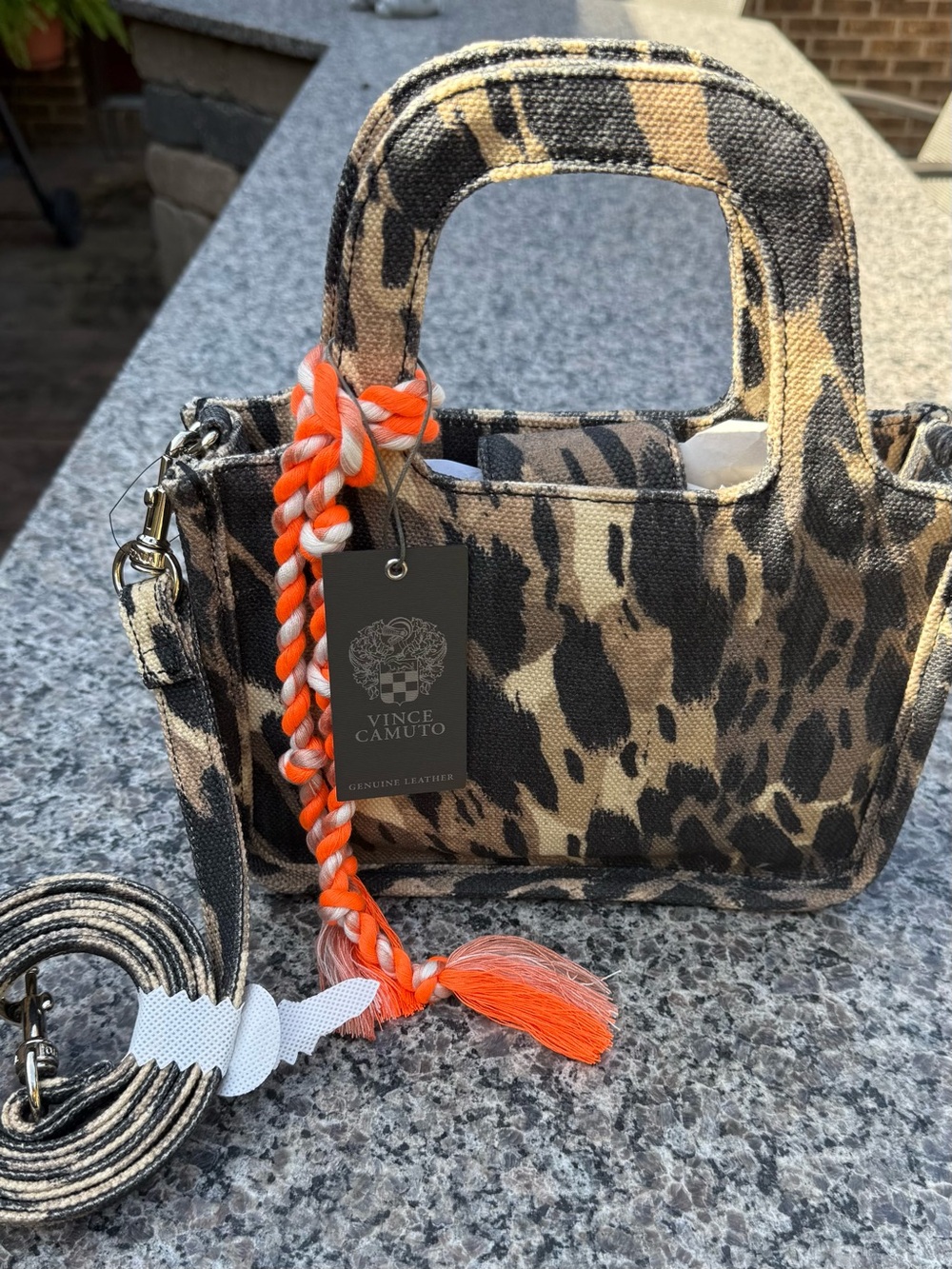 Vince Camuto Leopard Print Mini Tote with Orange Tassel
